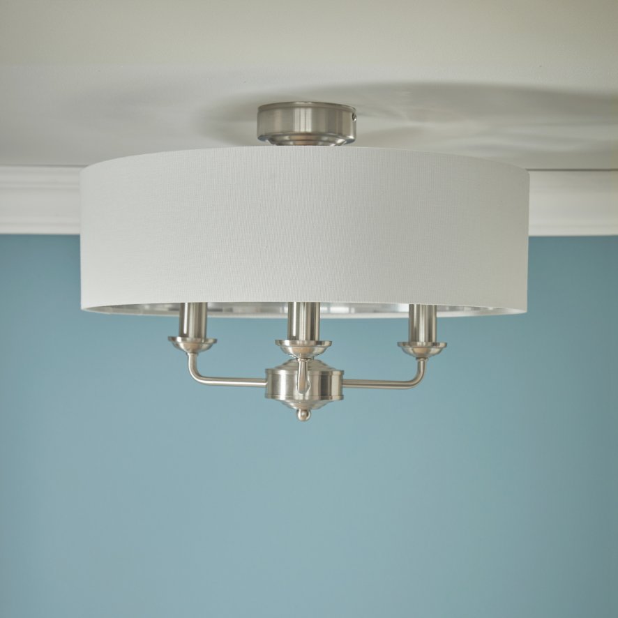 Laura Ashley - Sorrento 3 Light Semi-Flush Satin Nickel and Natural Shade