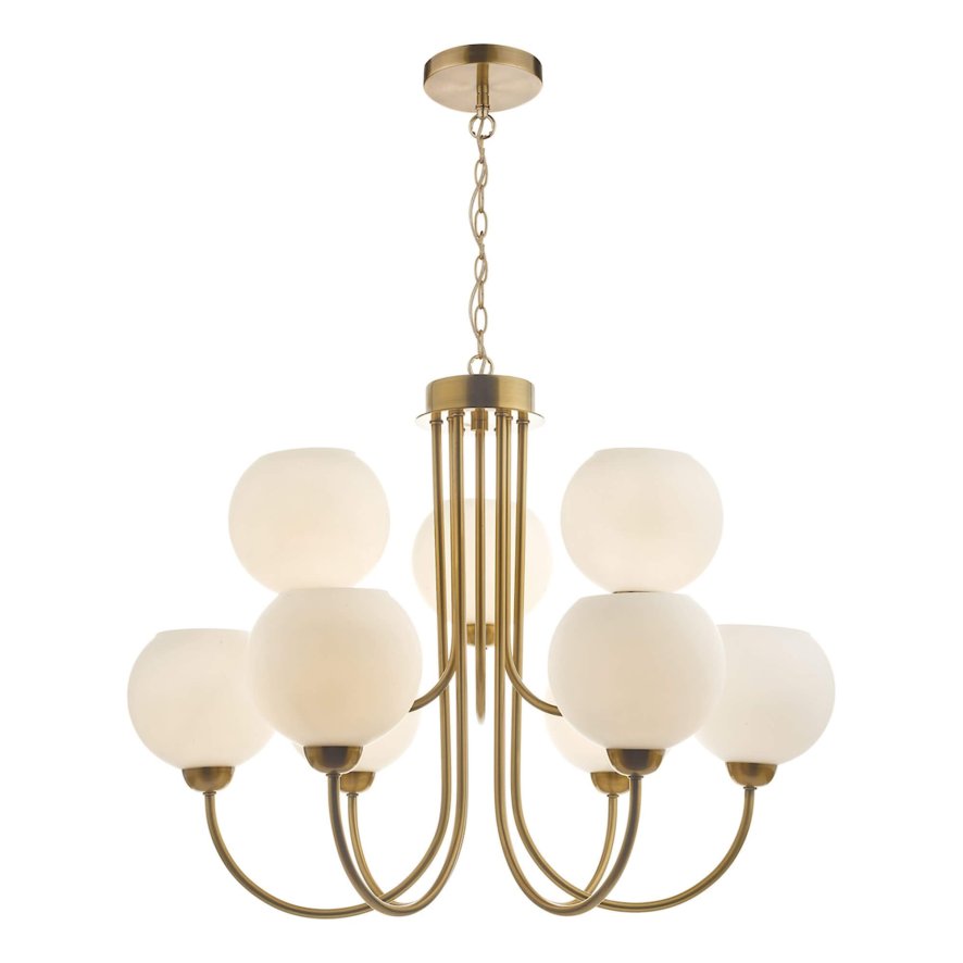 Dar Lighting Dar - Indra Opal Glass Globe 9 Light Pendant Natural Brass