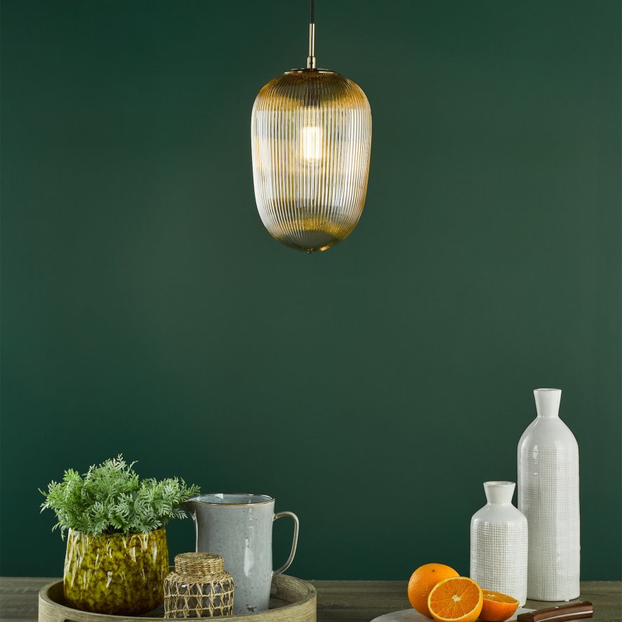 Dar Lighting Dar - Abrielle Pendant Brushed Bronze and Amber Ribbed Glass