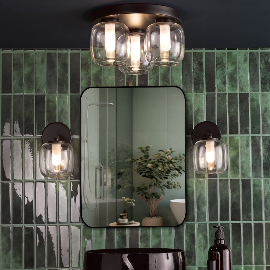 Dar Lighting Dar - Edaline 3 Light Semi-Flush Matt Black and Glass IP44