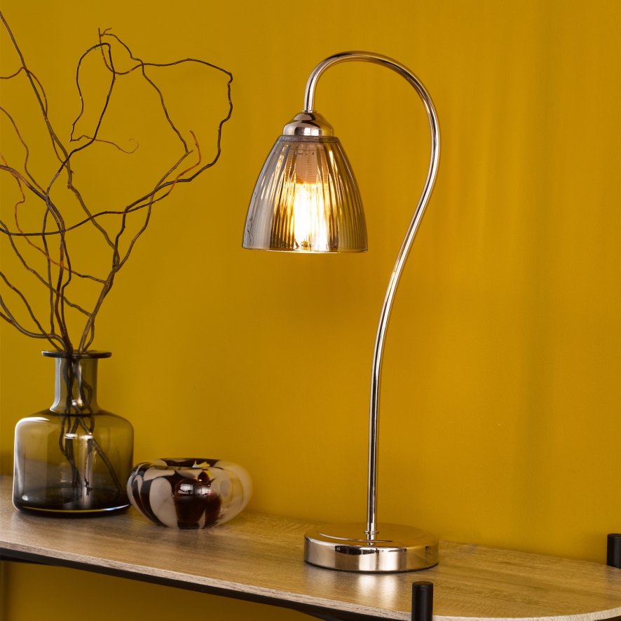 Dar Lighting Dar - Glynis Table Lamp Polished Nickel and Smoked Ribbed Glass