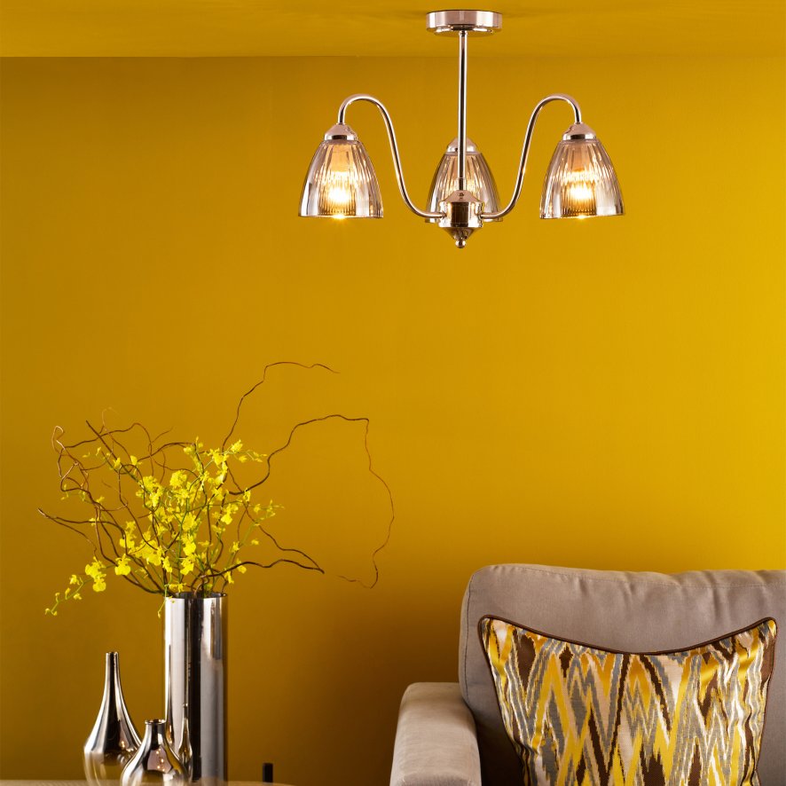 Dar Lighting Dar - Glynis 3 Light Semi-Flush Polished Nickel and Smoked Ribbed Glass