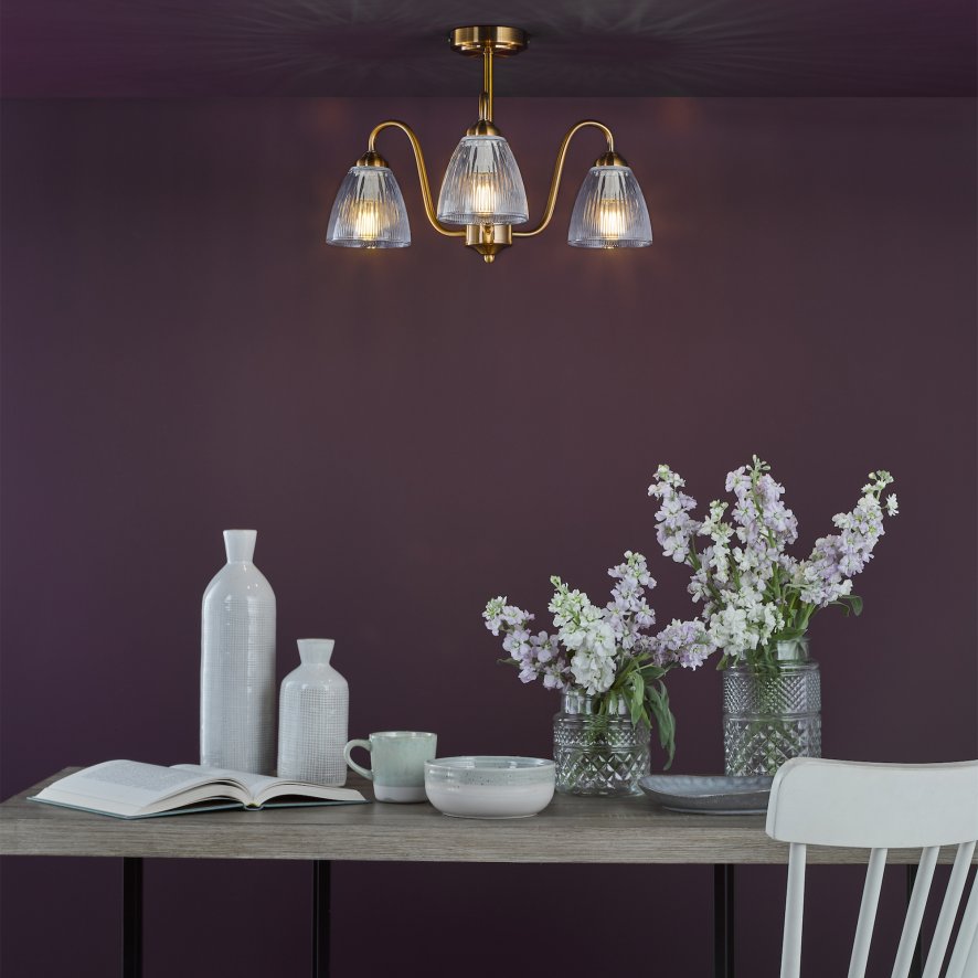 Dar Lighting Dar - Glynis 3 Light Semi-Flush Antique Bronze and Ribbed Glass