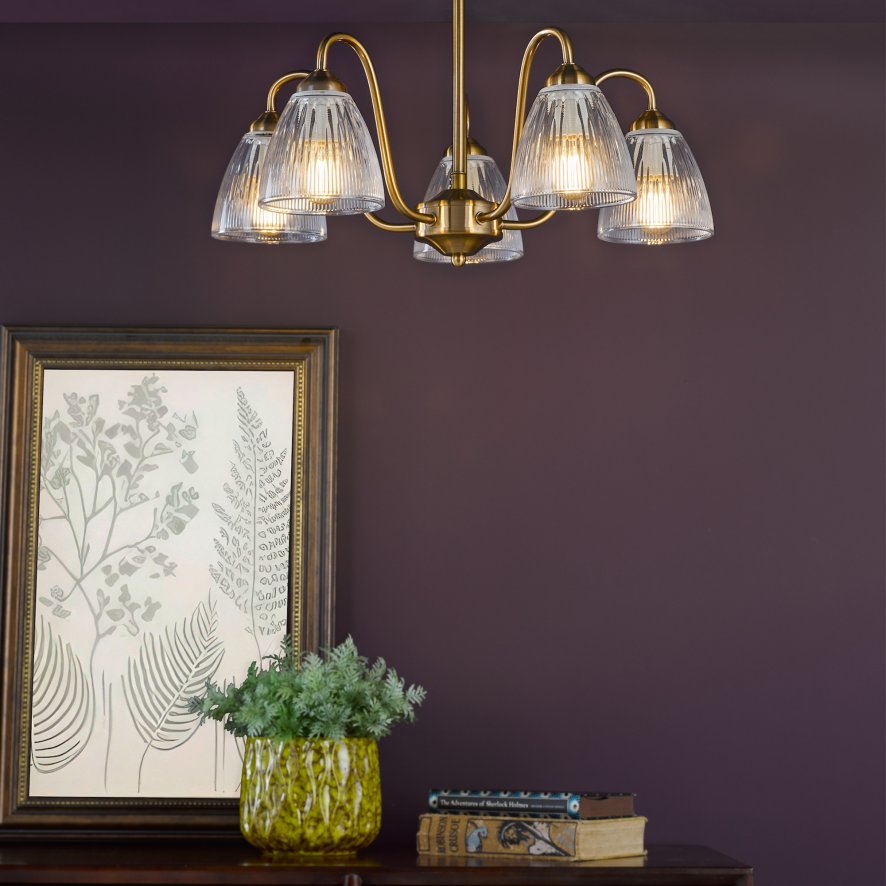 Dar Lighting Dar - Glynis 5 Light Semi-Flush Brushed Bronze and Ribbed Glass
