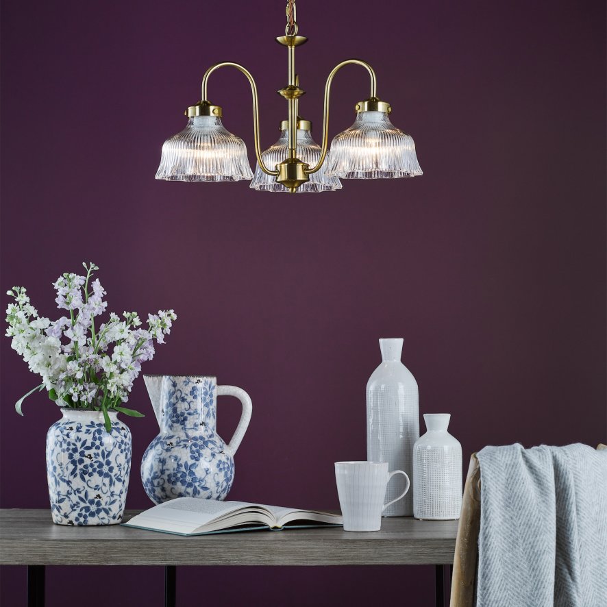 Dar Lighting Dar - Maude 3 Light Armed Pendant Natural Brass and Ribbed Glass