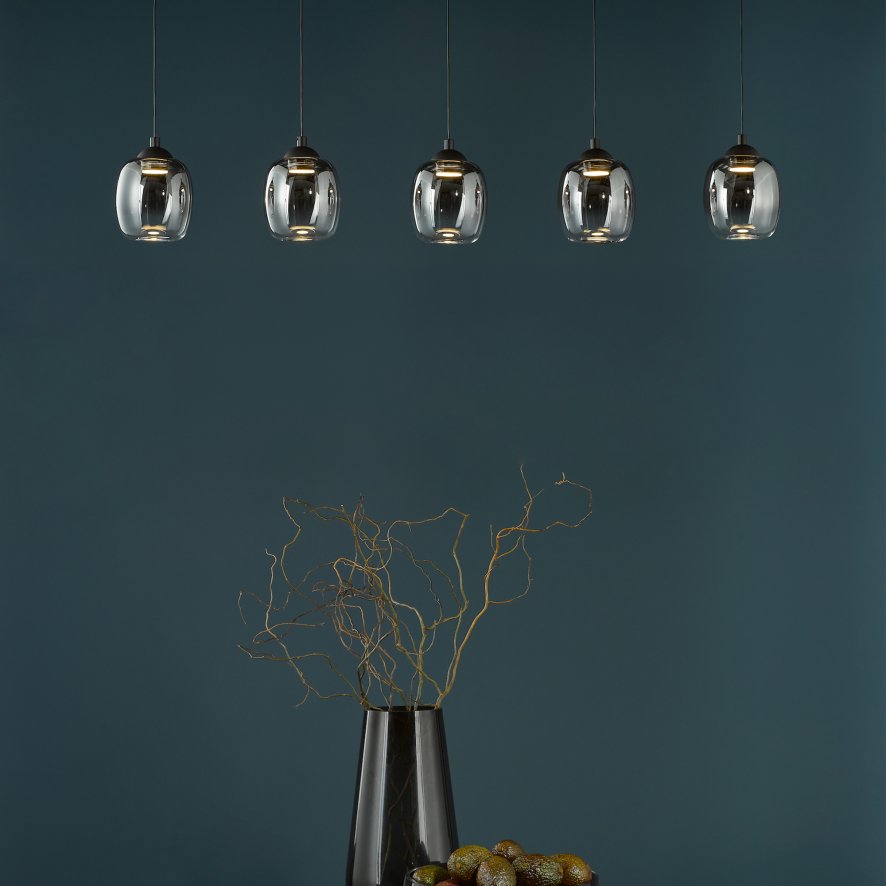Dar Lighting Dar - Ramona 5 Light Bar Pendant Matt Black and Smoked Ombre Glass LED