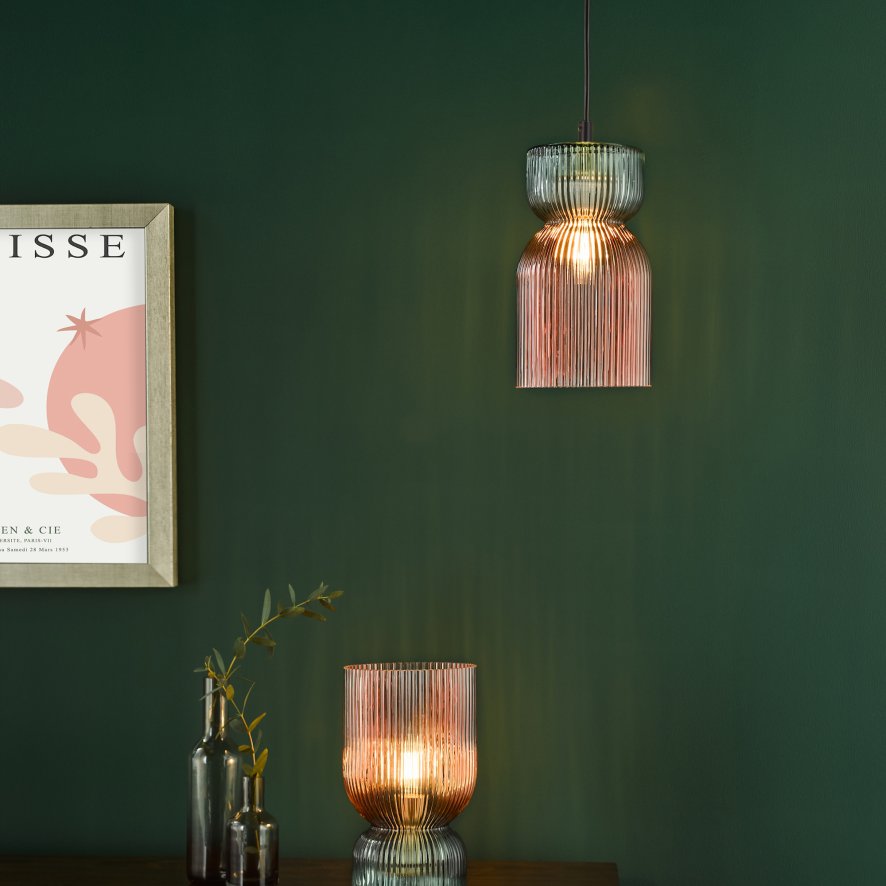 Dar Lighting Dar - Rhubarb Pendant Pink and Green Ribbed Glass