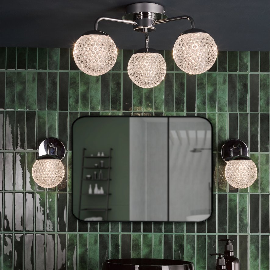 Dar Lighting Dar - Teva 3 Light Semi-Flush Polished Chrome and Faceted Acrylic IP44