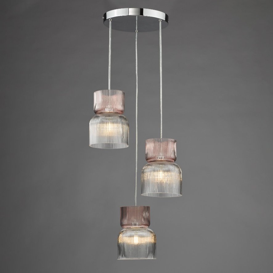 Dar Lighting Dar - Auberta 3 Light Cluster Pendant Polished Chrome and Pink Ribbed Glass