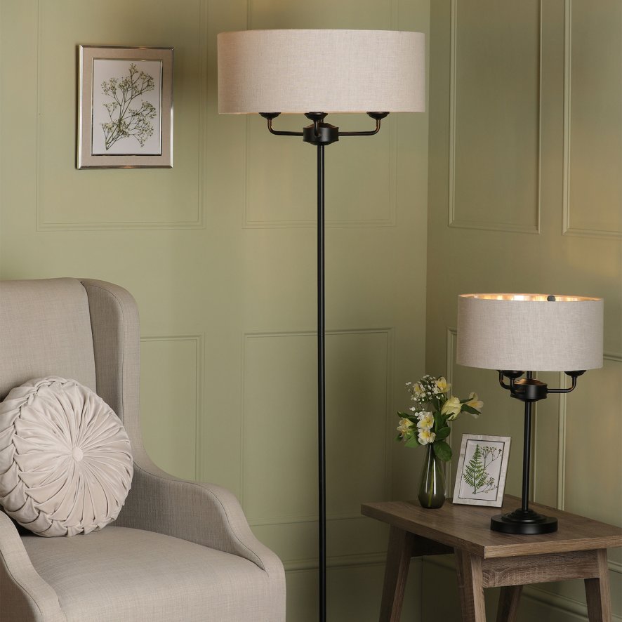 Laura Ashley Lighting Laura Ashley - Sorrento 3 Light Floor Lamp Matt Black and Natural With Shade
