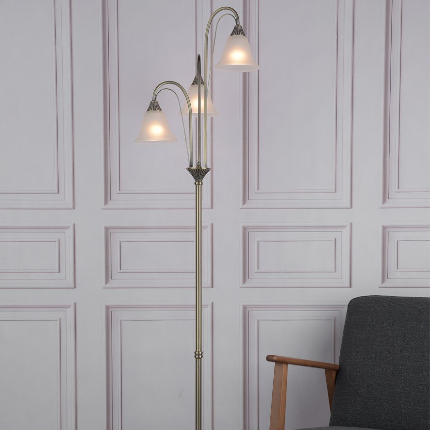 Dar Lighting Dar - Boston 3 Light Floor Lamp Antique Brass Opaque Glass