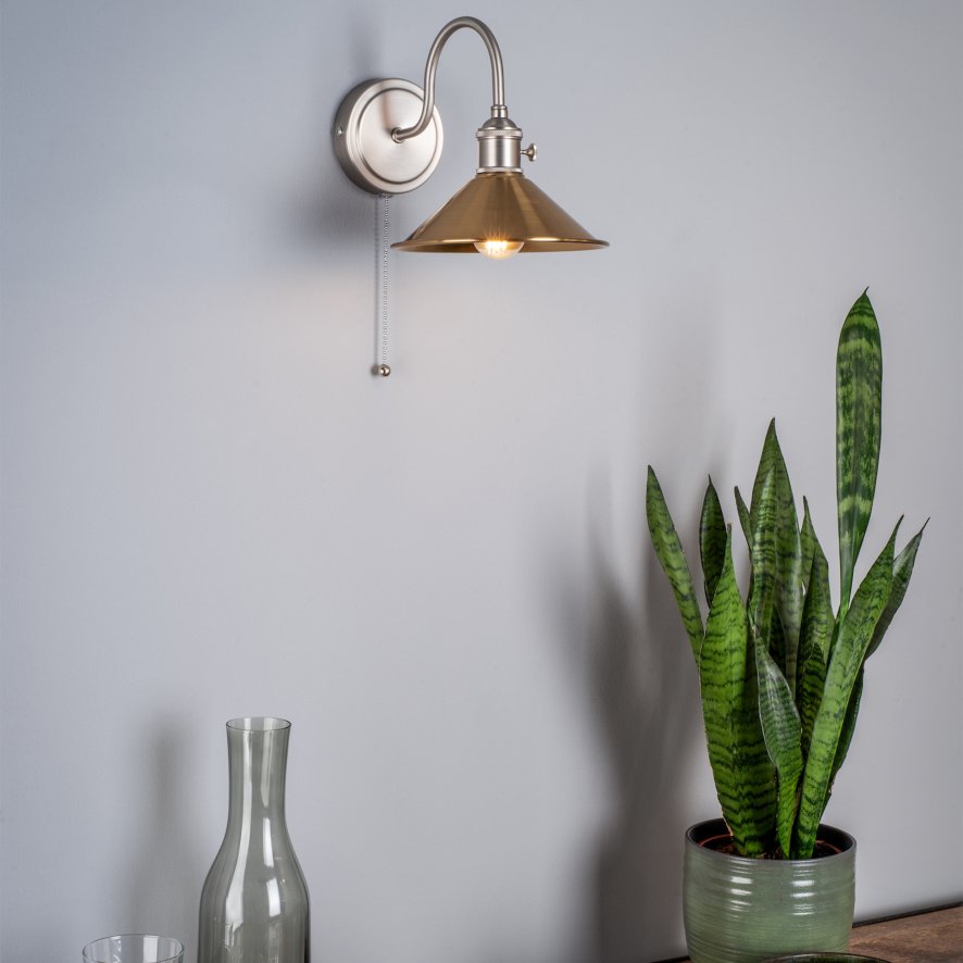 Dar Lighting Dar - Hadano Wall Light Antique Chrome With Aged Brass Shade