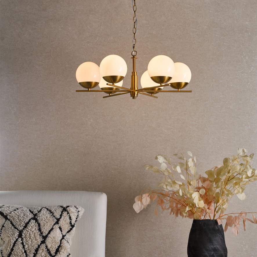 Dar Lighting Dar - Bombazine 6 Light Pendant Natural Brass and Opal Glass