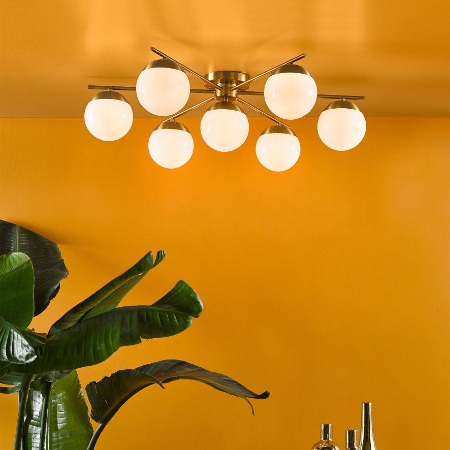 Dar Lighting Dar - Bombazine 7 Light Semi-Flush Natural Brass and Opal Glass