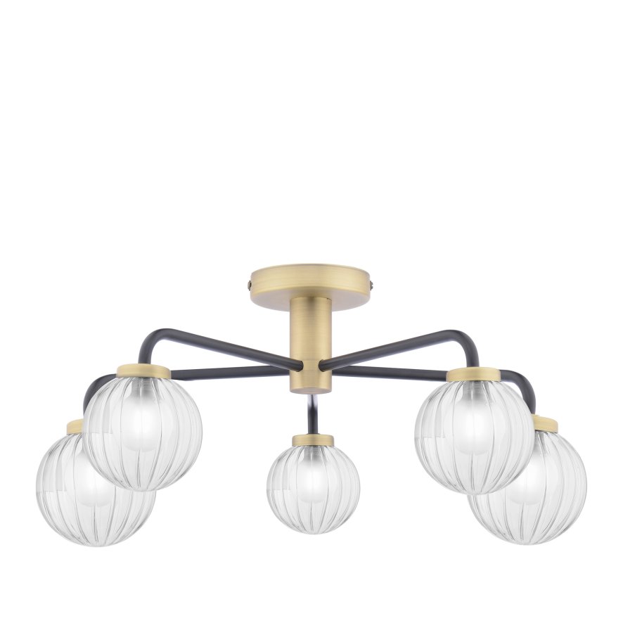Dar Lighting Dar - Gibbs 5 Light Semi-Flush Antique Brass & Glass