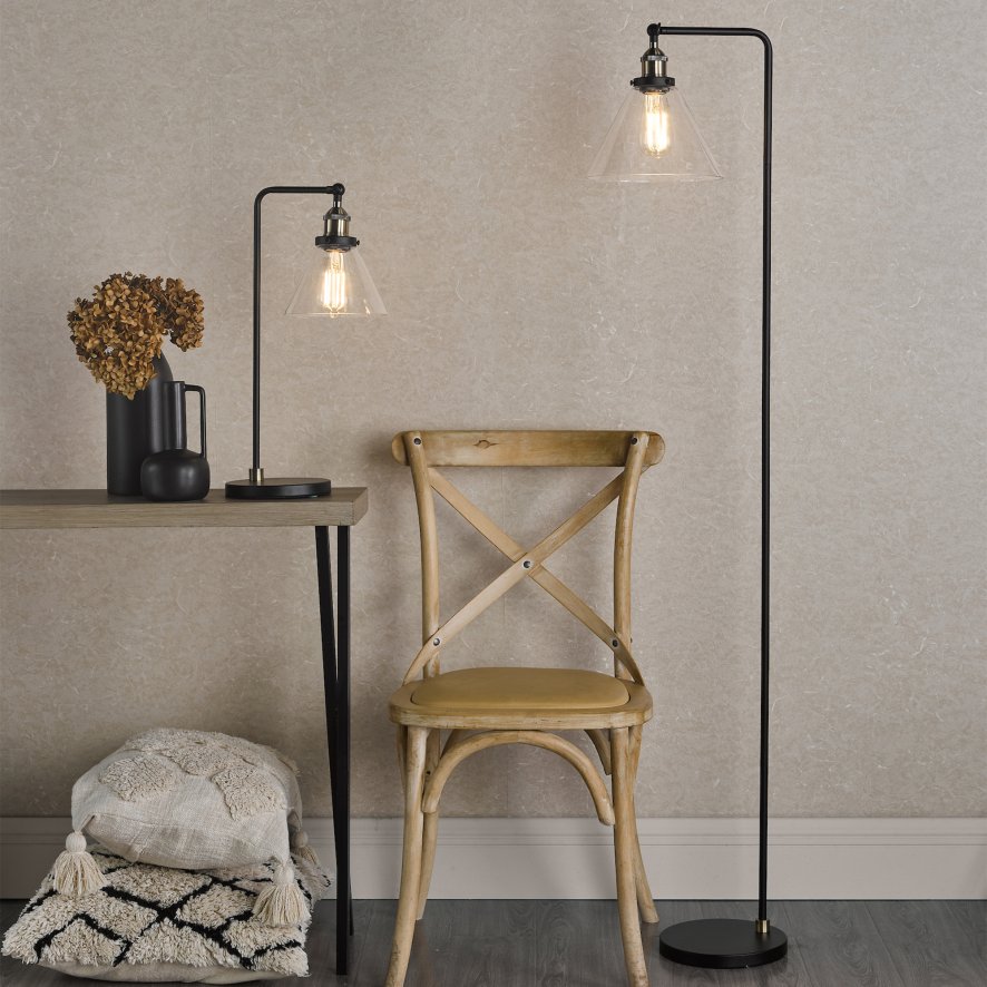 Dar Lighting Dar - Ray Floor Lamp Antique Brass and Clear Glass