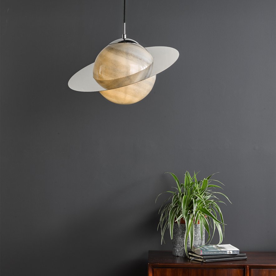 Dar Lighting Dar - Saturn Pendant Planet Style Glass and Polished Chrome