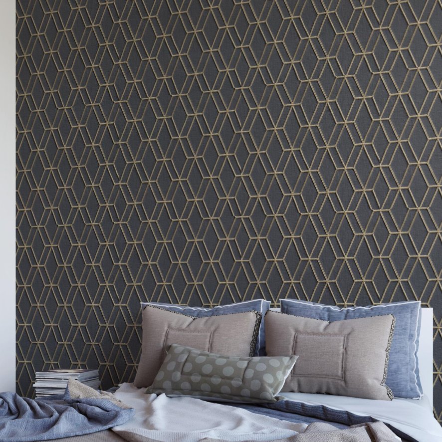 Esselle Esselle - Embroidery Stitch Diamond Black and Gold Wallpaper