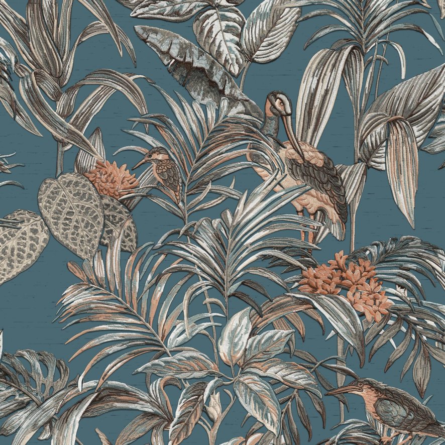 Esselle Wallpaper Sample - Bird of Paradise Dark Blue and Silver