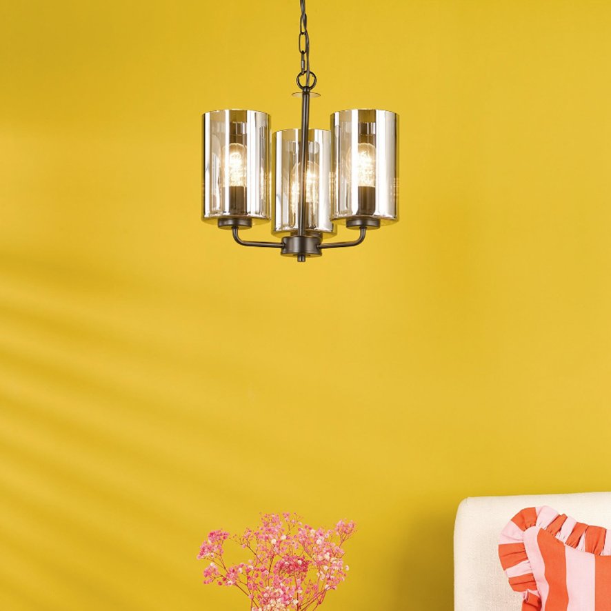 Dar Lighting Dar - Daylin Three Light Pendant (Satin Black and Smoked Ribbed Glass)