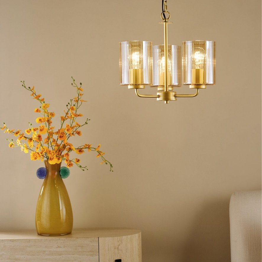 Dar Lighting Dar - Daylin Three Light Pendant (Satin Gold and Amber Ribbed Glass)
