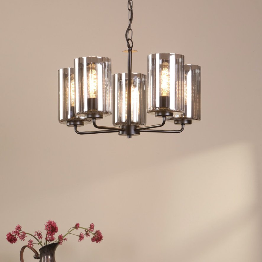 Dar Lighting Dar - Daylin Five Light Pendant (Satin Black and Smoked Ribbed Glass)