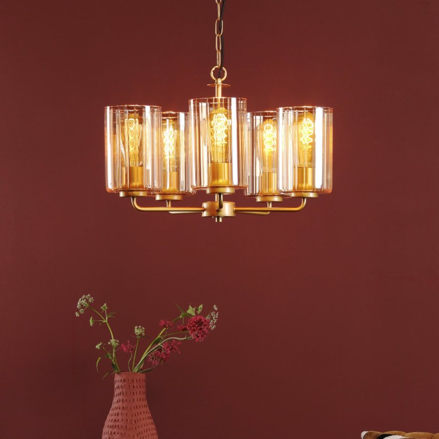 Dar Lighting Dar - Daylin Five Light Pendant (Satin Gold and Amber Ribbed Glass)