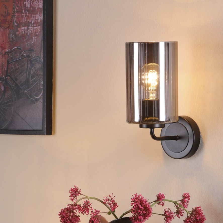 Dar Lighting Dar - Daylin Wall Light (Satin Black and Smoked Ribbed Glass)