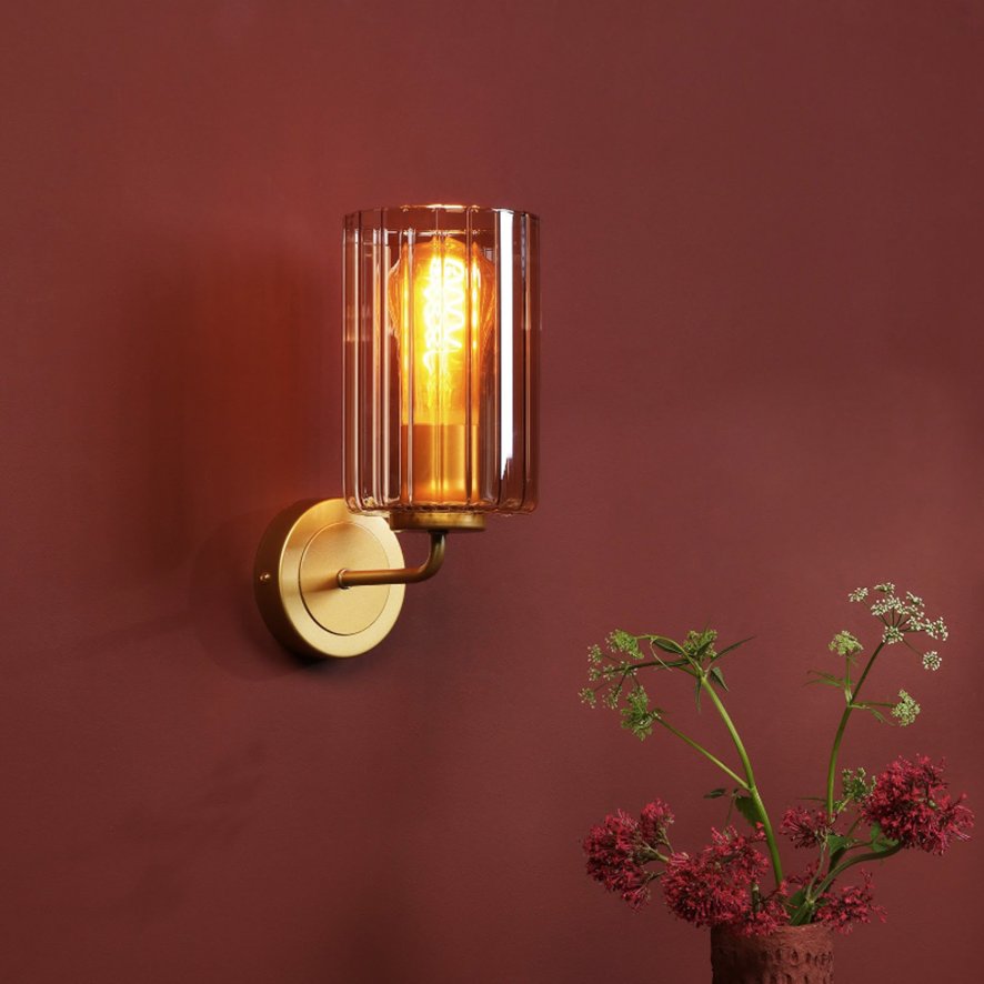 Dar Lighting Dar - Daylin Wall Light (Satin Gold and Amber Ribbed Glass)