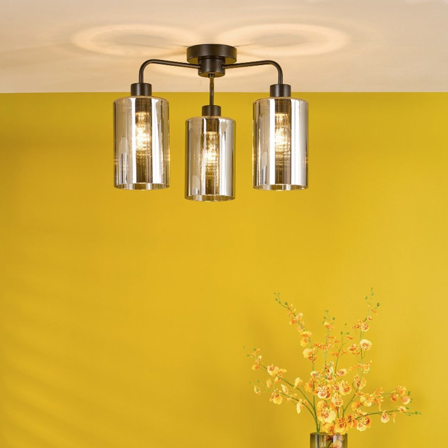 Dar Lighting Dar - Daylin Three Light Semi-Flush (Satin Black and Smoked Ribbed Glass)