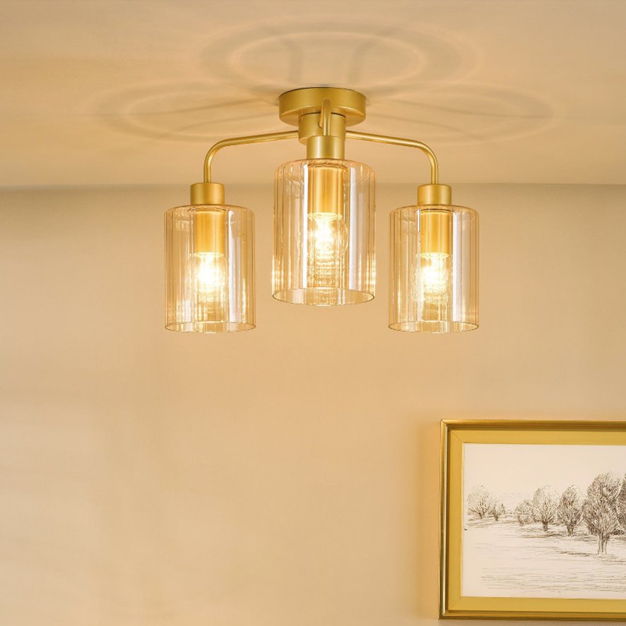 Dar Lighting Dar - Daylin Three Light Semi-Flush (Satin Gold and Amber Ribbed Glass)