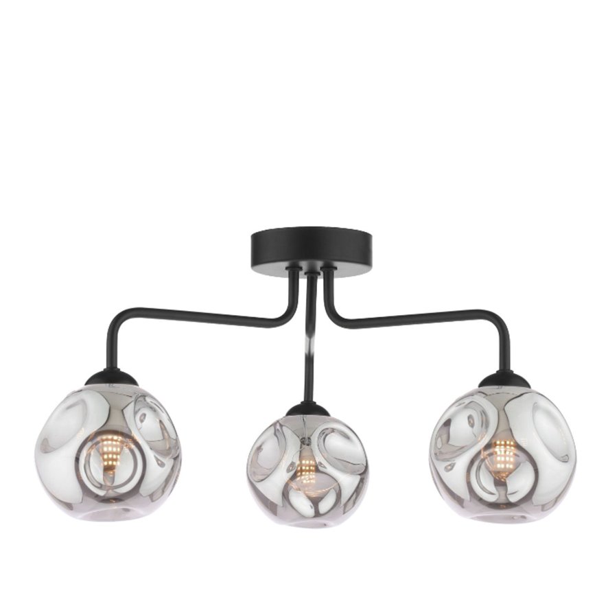 Dar Lighting Feya - Three Light Semi Flush (Matt Black With Closed Organic Smoked Glass)