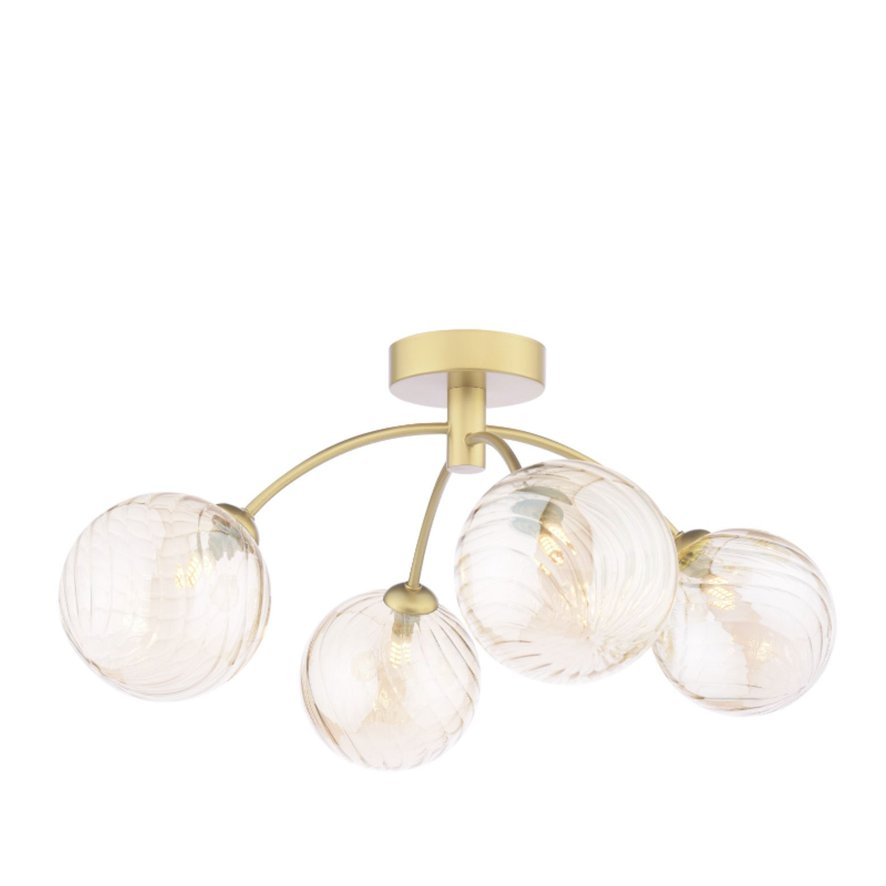 Dar Lighting Dar Izzy - 4 Light Semi-Flush Ceiling Light (Matt Gold With Twisted Amber Glass)