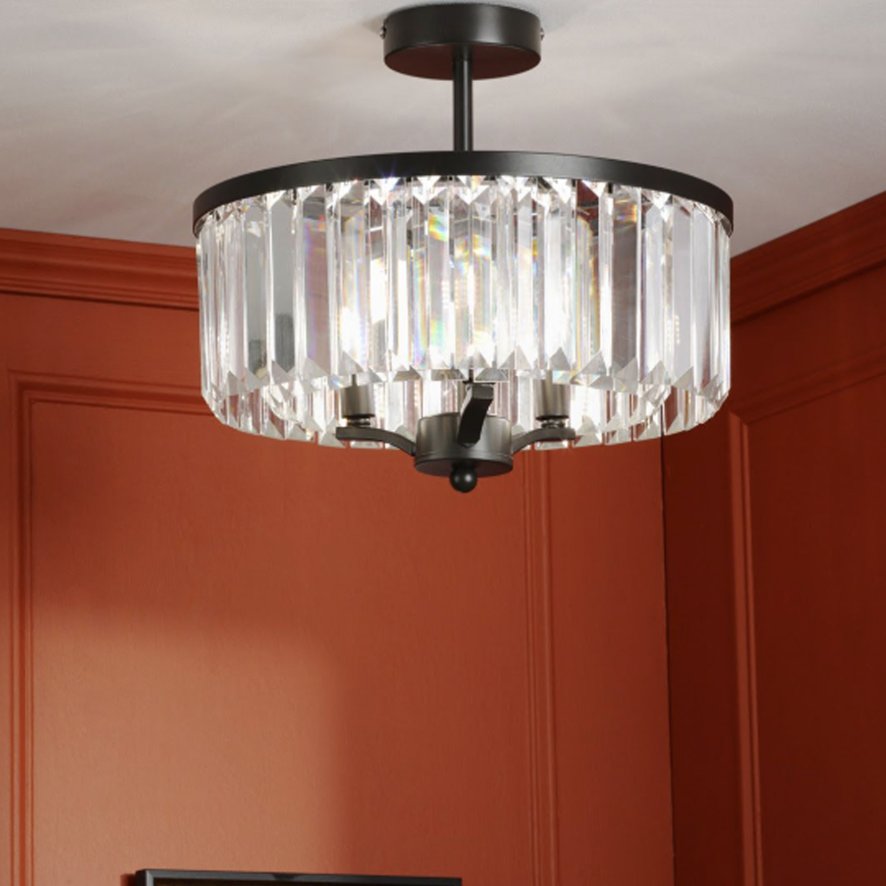 Dar Lighting Laura Ashley - Elkwood 3 Light Semi Flush Crystal Candelabra (Black)