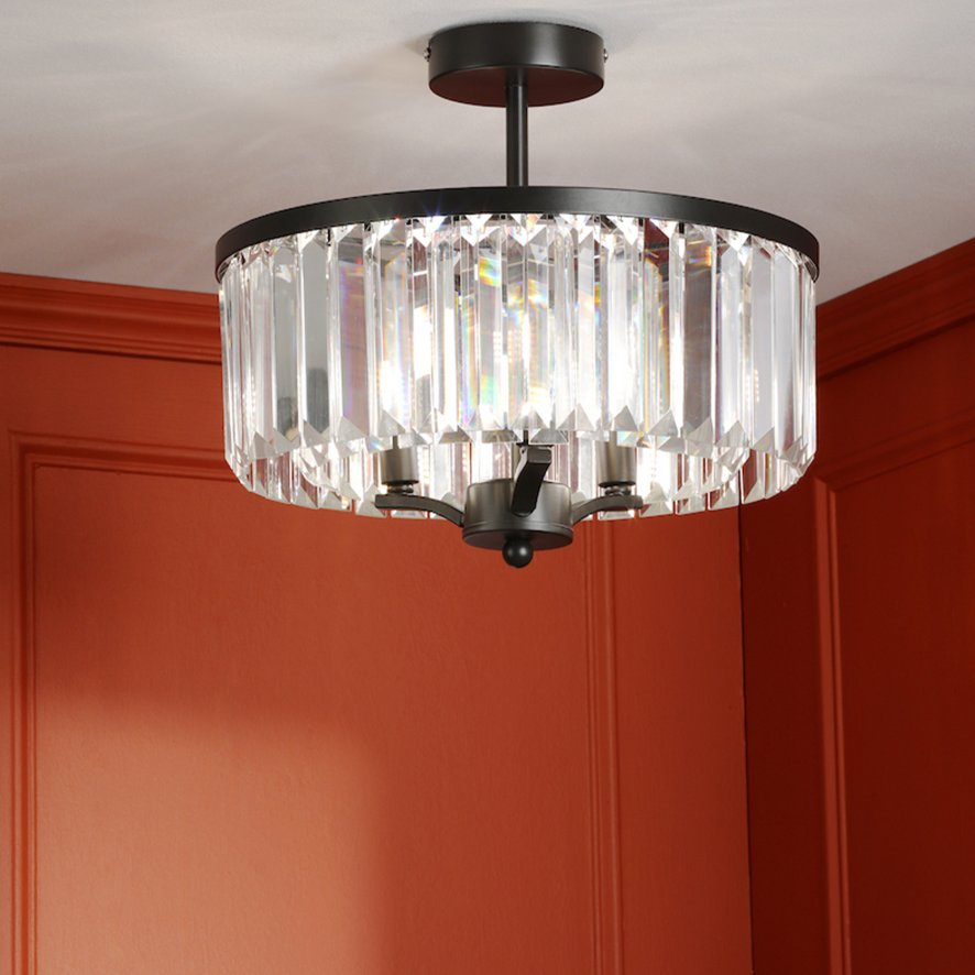 Dar Lighting Laura Ashley - Elkwood 3 Light Semi Flush Crystal Candelabra (Black)