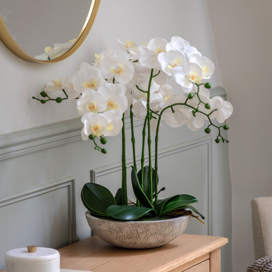 Gallery Direct Faux Plants - Oversized Orchid in Cement Pot White