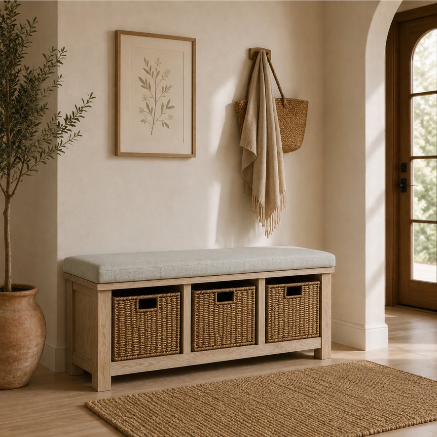 Global Home Group Providence (White Wash) - Beige Cushion For Storage Bench