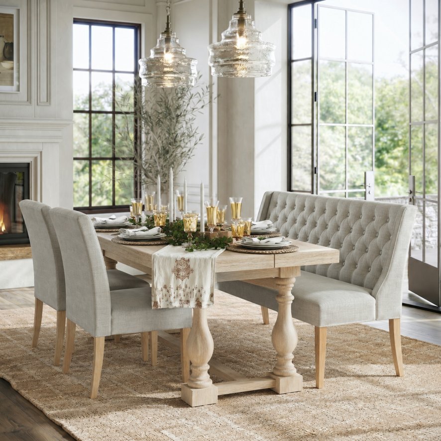 Global Home Group Button Back Bench - White Wash (Beige)