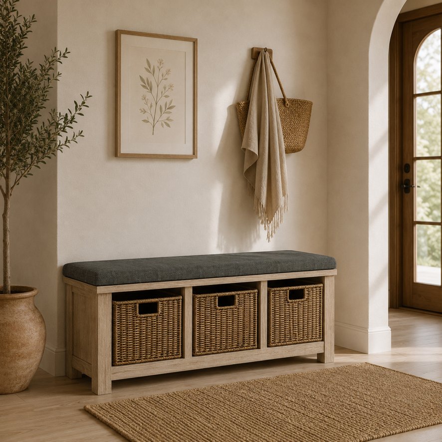 Global Home Group Providence (White Wash) - Charcoal Cushion For Storage Bench