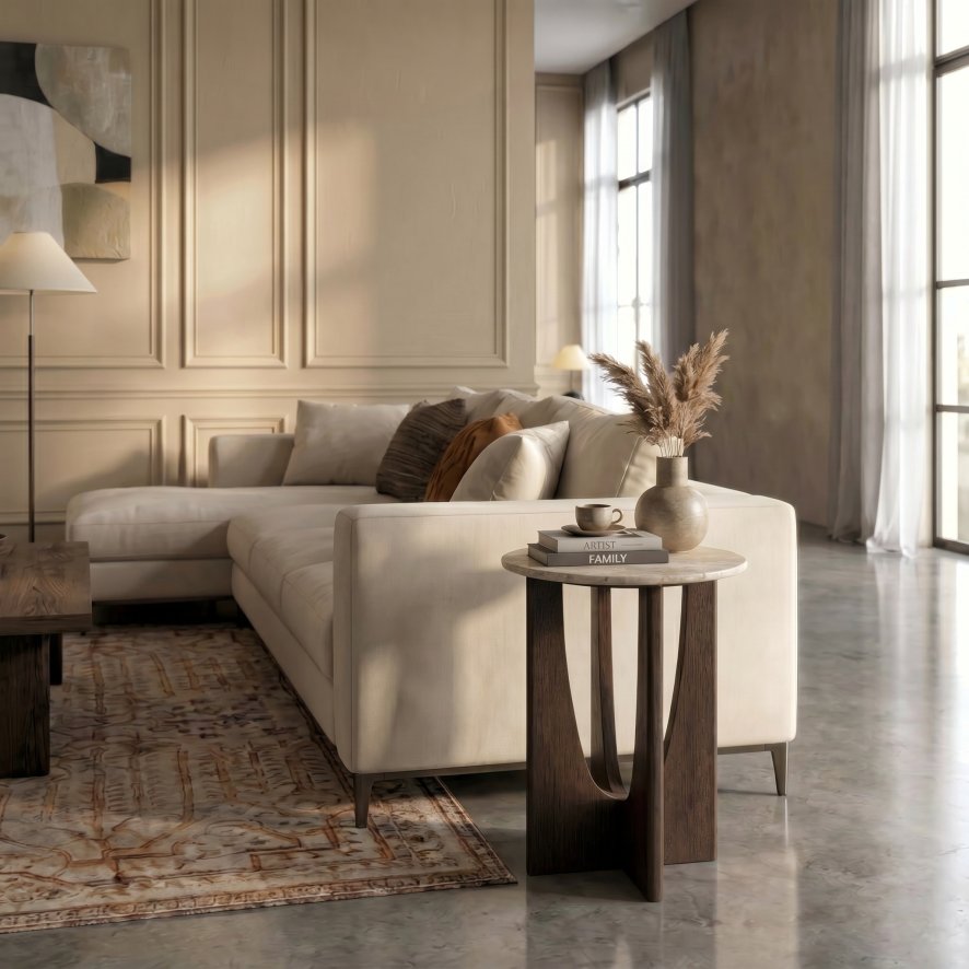 Global Home Group Vermont - Round Side Table (Travertine Top)