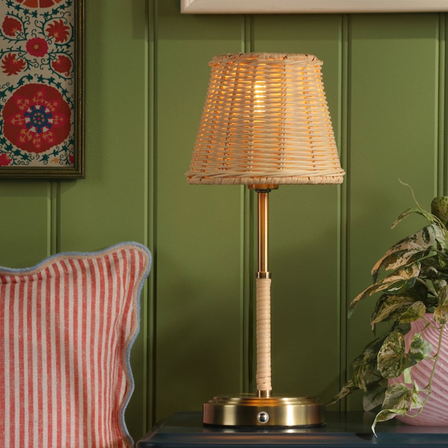 Joules Lighting Joules - Elcot Rechargeable Table Lamp Antique Brass With Rattan Shade LED