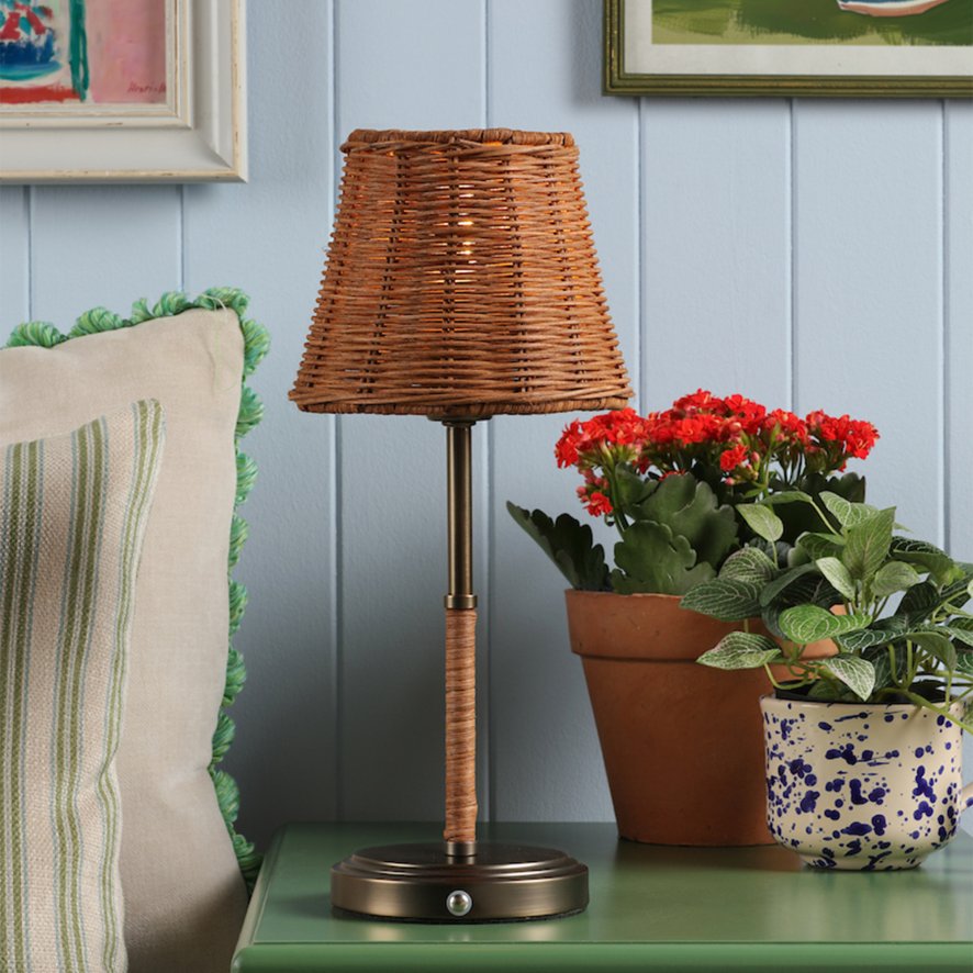 Joules Lighting Joules - Elcot Rechargeable Table Lamp Satin Bronze With Rattan Shade LED