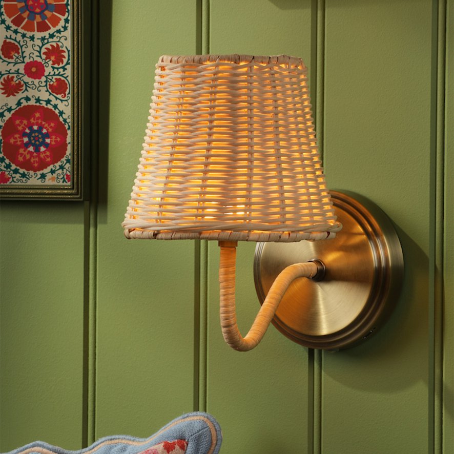 Joules Lighting Joules - Elcot Rechargeable Wall Light Antique Brass With Rattan Shade LED