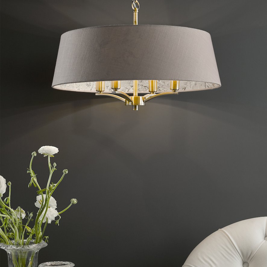 English Heritage Lighting English Heritage - Birch 4 Light Shadelier Antique Brass and Taupe With Shade