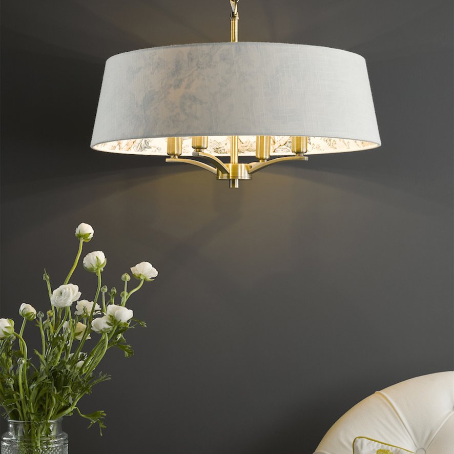 English Heritage Lighting English Heritage - Delft 4 Light Shadelier Antique Brass and Ivory With Shade