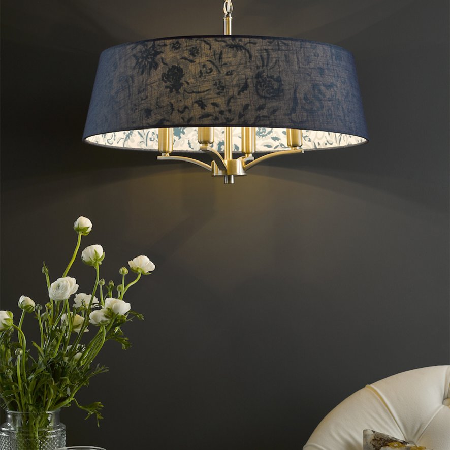 English Heritage Lighting English Heritage - Down House 4 Light Shadelier Satin Chrome and Blue With Shade