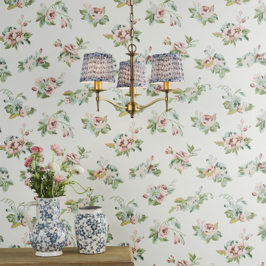 English Heritage Lighting English Heritage - Marble Hill 3 Light Armed Pendant Aged Brass and Blue With Shade