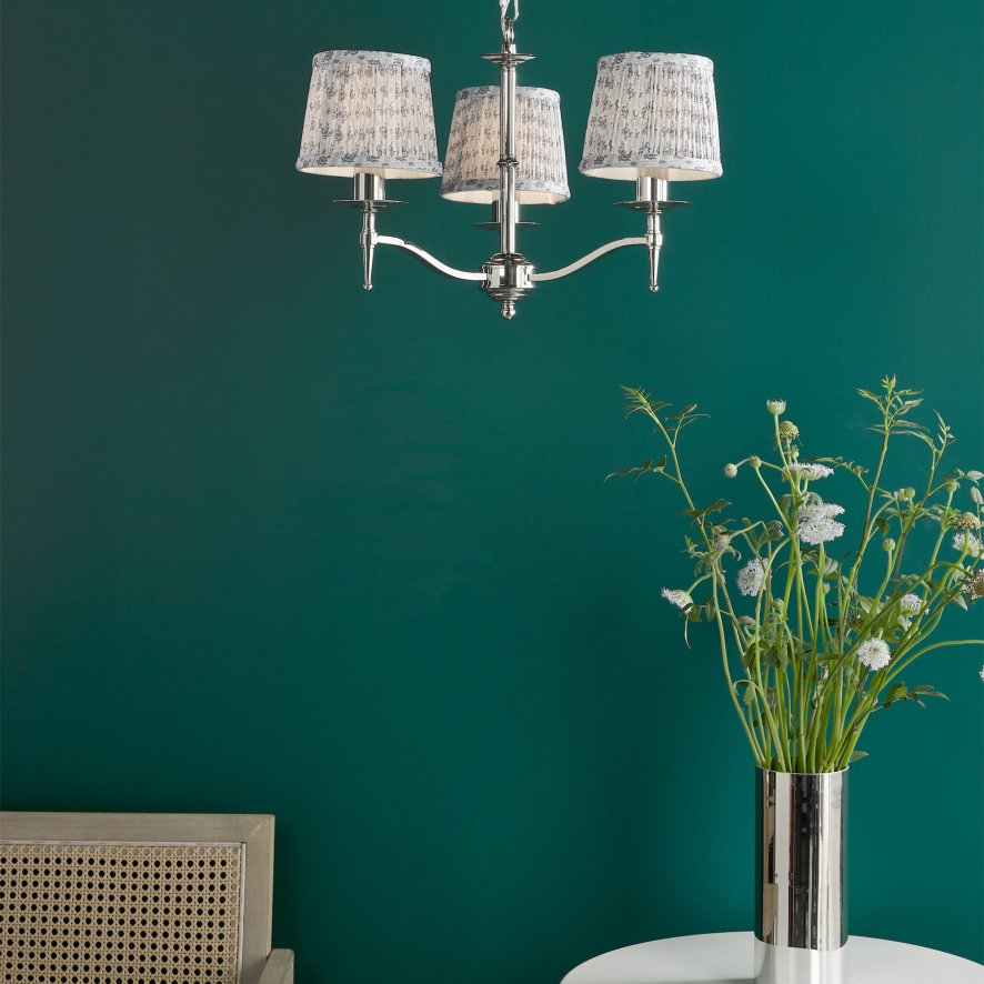 English Heritage Lighting English Heritage - Marble Hill 3 Light Armed Pendant Polished Nickel With Shade