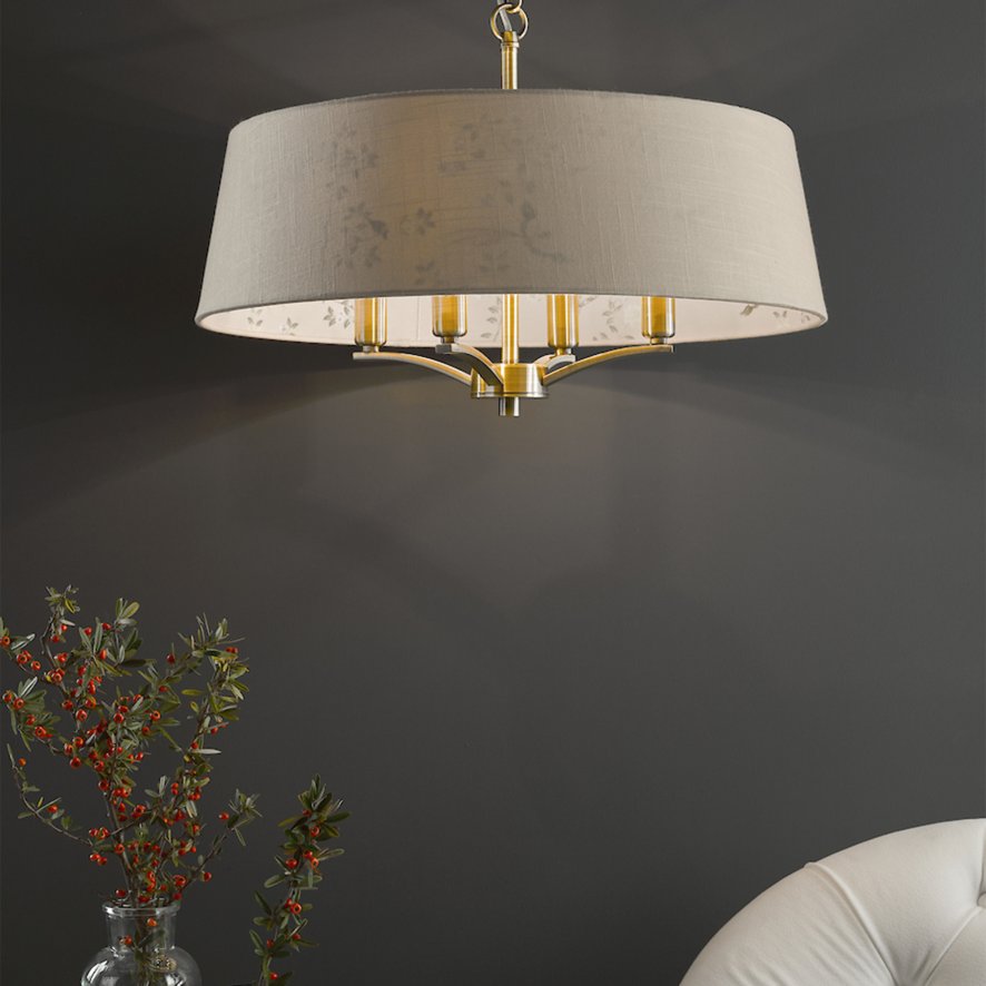English Heritage Lighting English Heritage - Marble Hill 4 Light Shadelier Antique Brass and Taupe With Shade