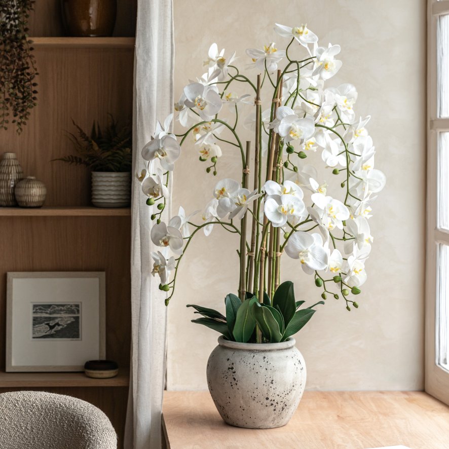 Gallery Direct Faux Plants - Real Touch White Orchid In Cement Style Pot